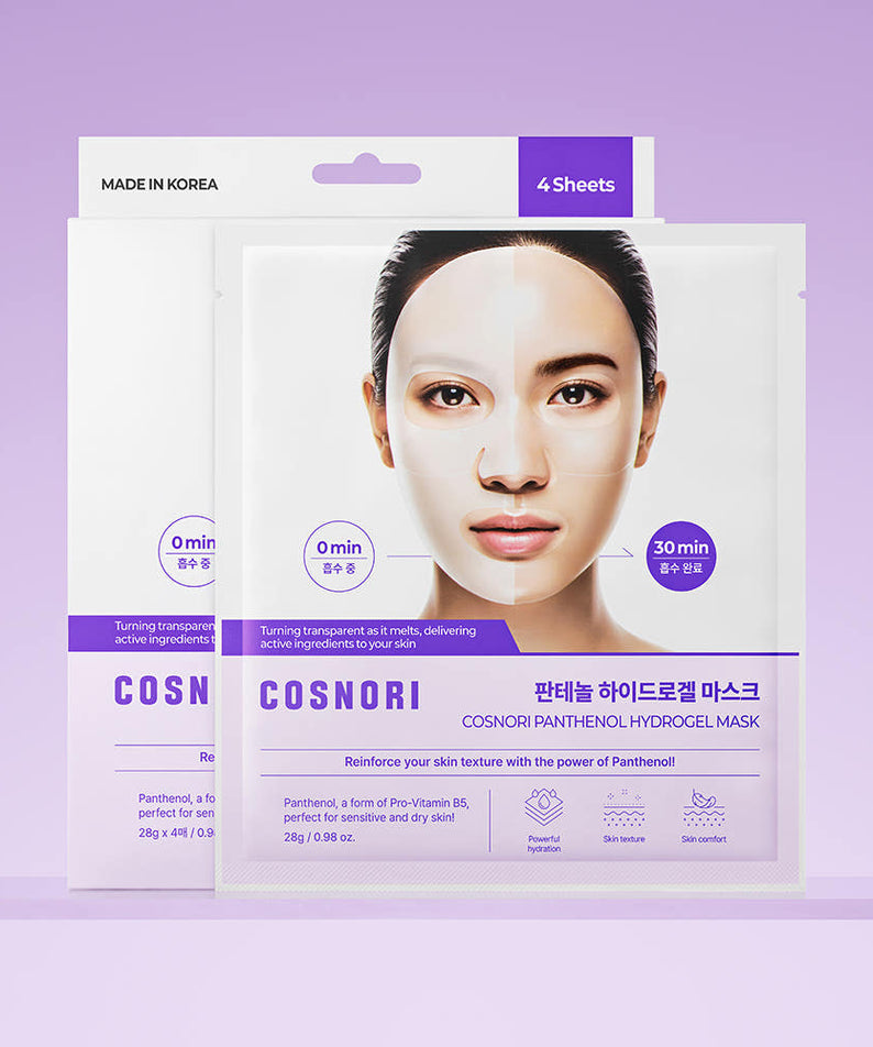 COSNORI Hydrogel Mask 4 sheets, marque COSNORI, masques hydrogel sur fond violet, visuel pack + visage maquillé