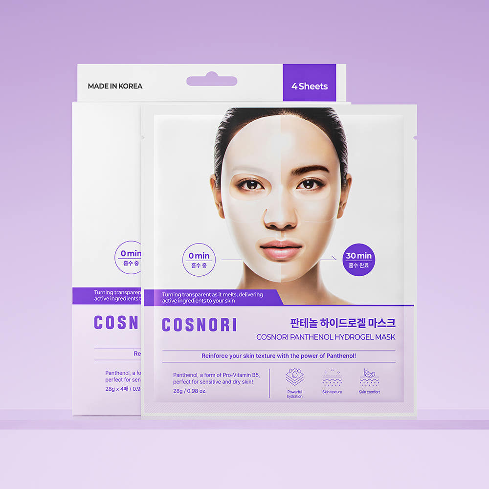 COSNORI Hydrogel Mask 4 sheets, marque COSNORI, masques hydrogel sur fond violet, visuel pack + visage maquillé