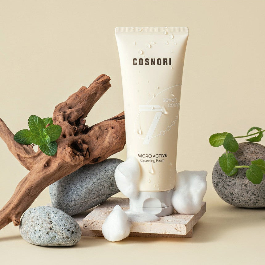 COSNORI Micro Active Cleansing Foam 150ml 2ea, mousse nettoyante sur fond minéral avec plantes et galets, photo produit