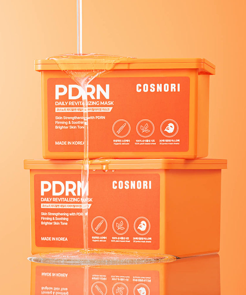 COSNORI PDRN Daily Revitalizing Mask 30 sheets, boîtes orange en contexte salle de bain, marque COSNORI, photo produit.