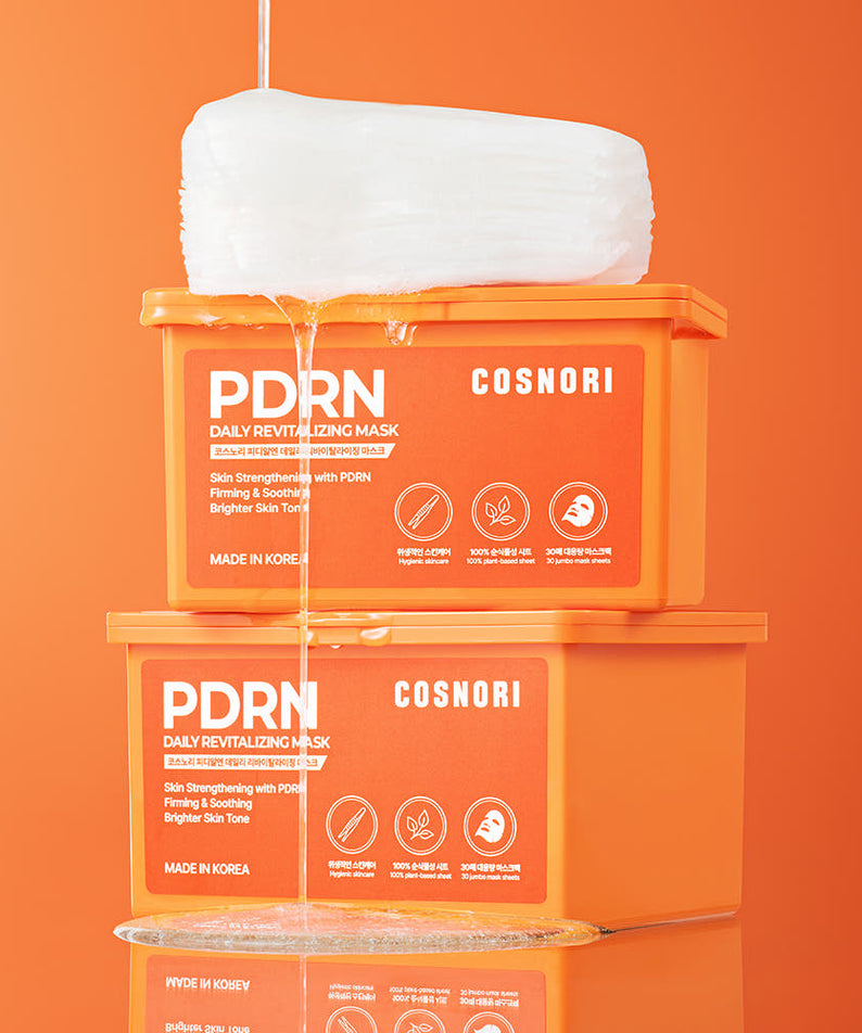 COSNORI PDRN Daily Revitalizing Mask 30 sheets, boîte de masques PDRN COSNORI sur fond orange, vue produit
