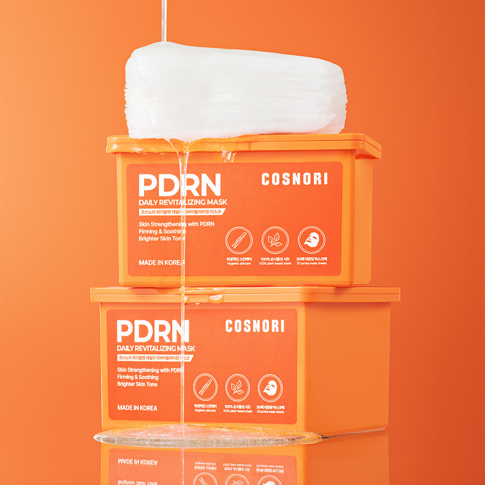 COSNORI PDRN Daily Revitalizing Mask 30 sheets, boîte de masques PDRN COSNORI sur fond orange, vue produit