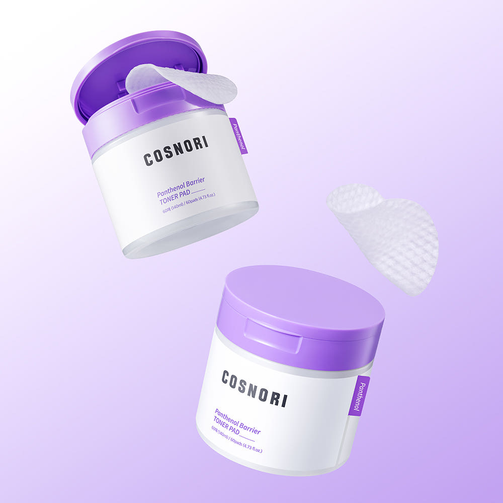 COSNORI Panthenol Barrier Toner Pads 60 Sheets, marque COSNORI, disques en coton ouverts sur fond violet