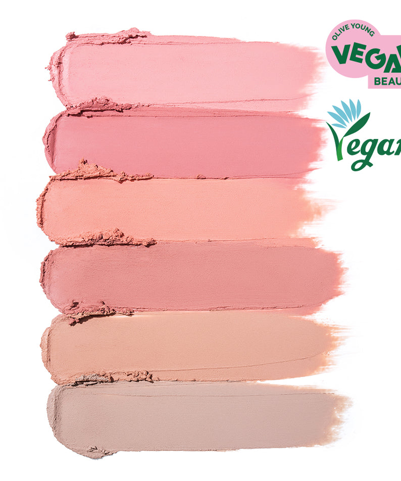 Palette de couleurs COSNORI Soft Drawing Overlip Maker avec logo vegan, gamme de nuances roses modernes pour maquillage sans cruauté.