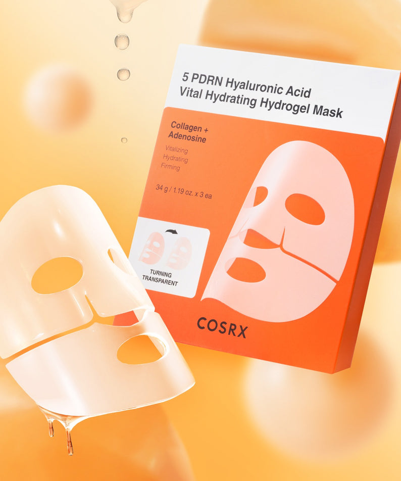 Décris l'image en français en mentionnant le produit, la marque et le contexte visuel. COSRX 5 PDRN Hyaluronic Acid Vital Hydrogel Mask (3 sheets)