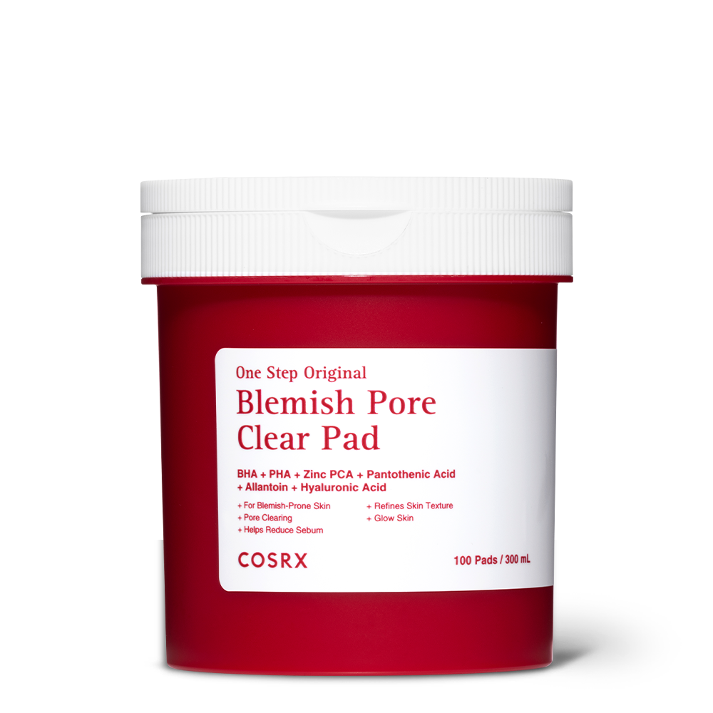 COSRX One Step Original Blemish Pore Clear Pads 100 Sheets, boîte rouge et blanche sur fond noir (produit cosmétique)