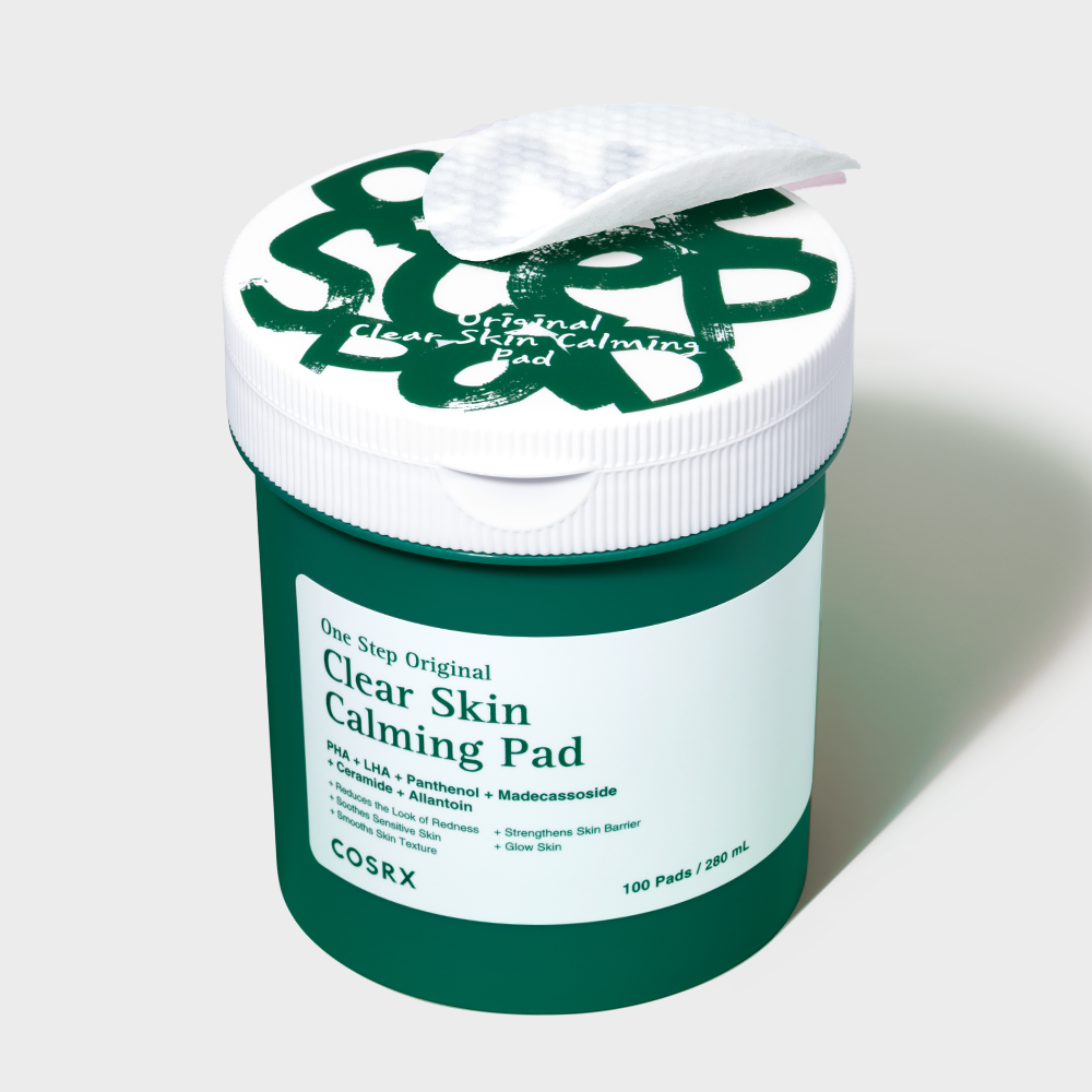 COSRX One-Step Original Clear Skin Calming Pads (100 sheets), pack vert blanc sur fond clair, tampons apaisants