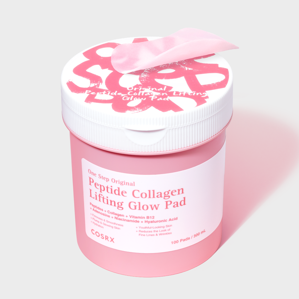 COSRX One Step Original Peptide Collagen Lifting Glow Pads (100 sheets) de la marque COSRX, pot rose sur fond clair.