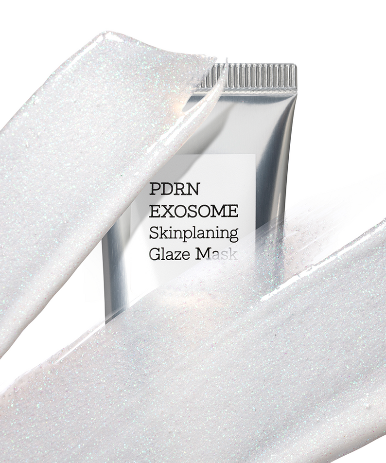 COSRX PDRN Exosome Skin Planning Glaze Mask de COSRX : tube et texture pailletée sur fond blanc, packshot produit