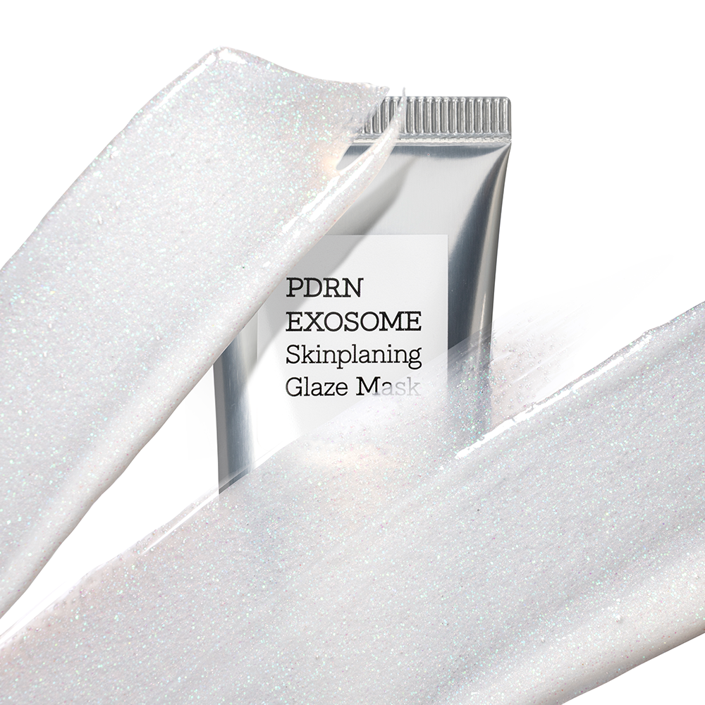 COSRX PDRN Exosome Skin Planning Glaze Mask de COSRX : tube et texture pailletée sur fond blanc, packshot produit