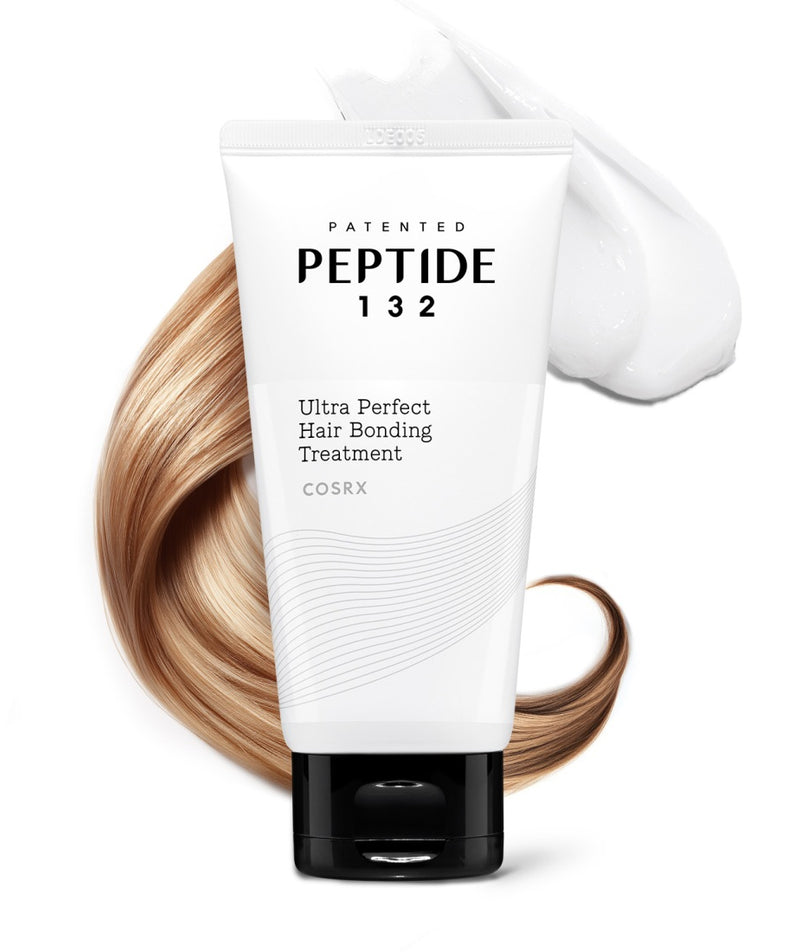 COSRX Peptide-132 Ultra Perfect Hair Bonding Treatment 120ml : tube blanc sur mèches blondes, contexte soin capillaire.