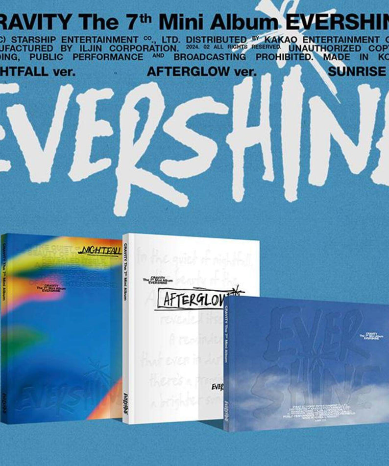 CRAVITY - 7th Album [EVERSHINE] (Random 1 of 3) - Album Kpop, boîtiers album et pochettes sur fond bleu.