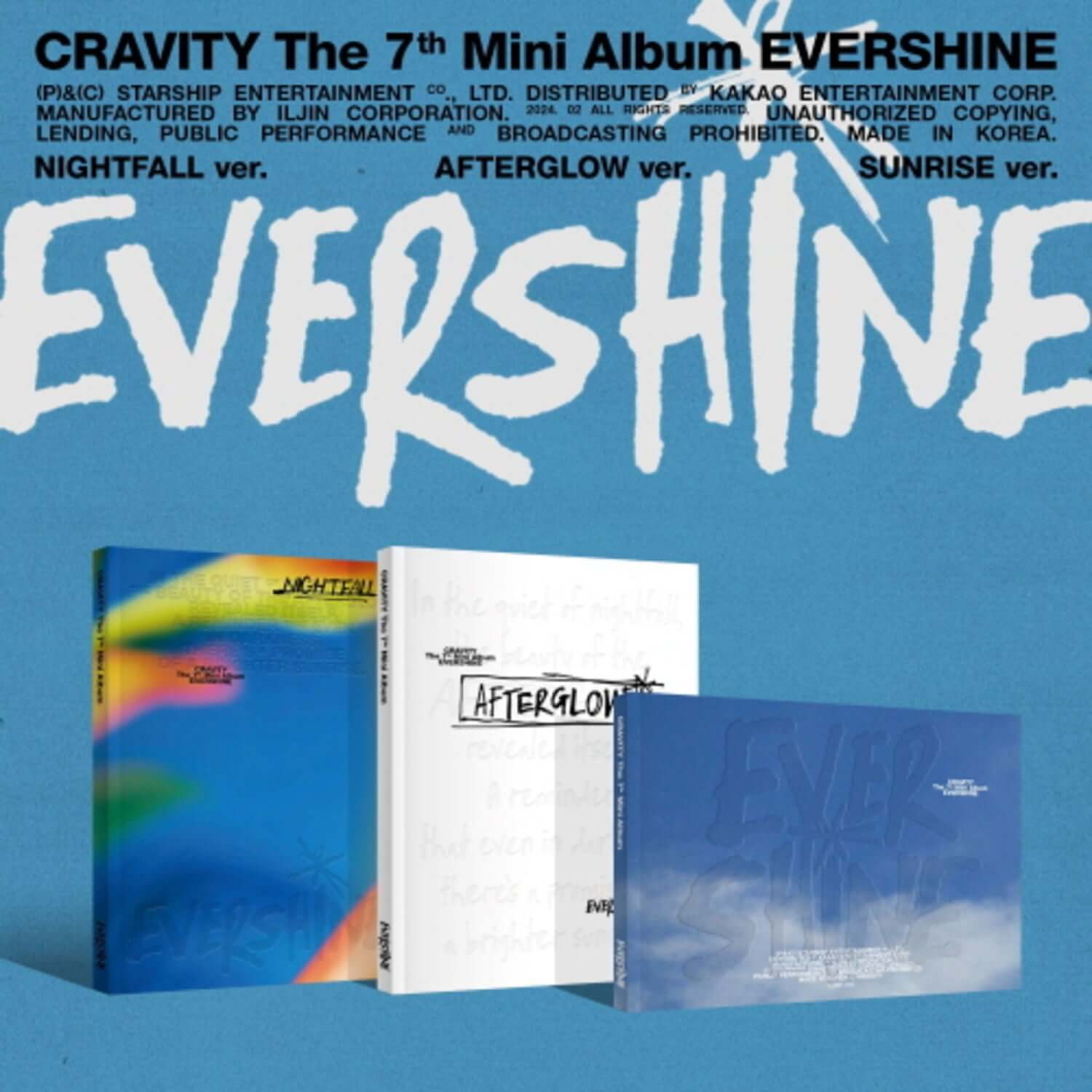 CRAVITY - 7th Album [EVERSHINE] (Set of 3) - Album Kpop, coffret de 3 versions sur fond bleu, visuel promo marque CRAVITY