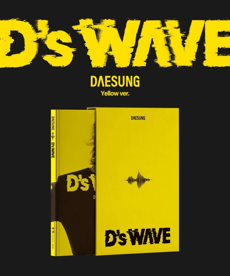 DAESUNG - 1st Mini Album [D’s WAVE] (Yellow Version) - Album Kpop : visuel jaune avec pochette et CD, fond noir, énergie