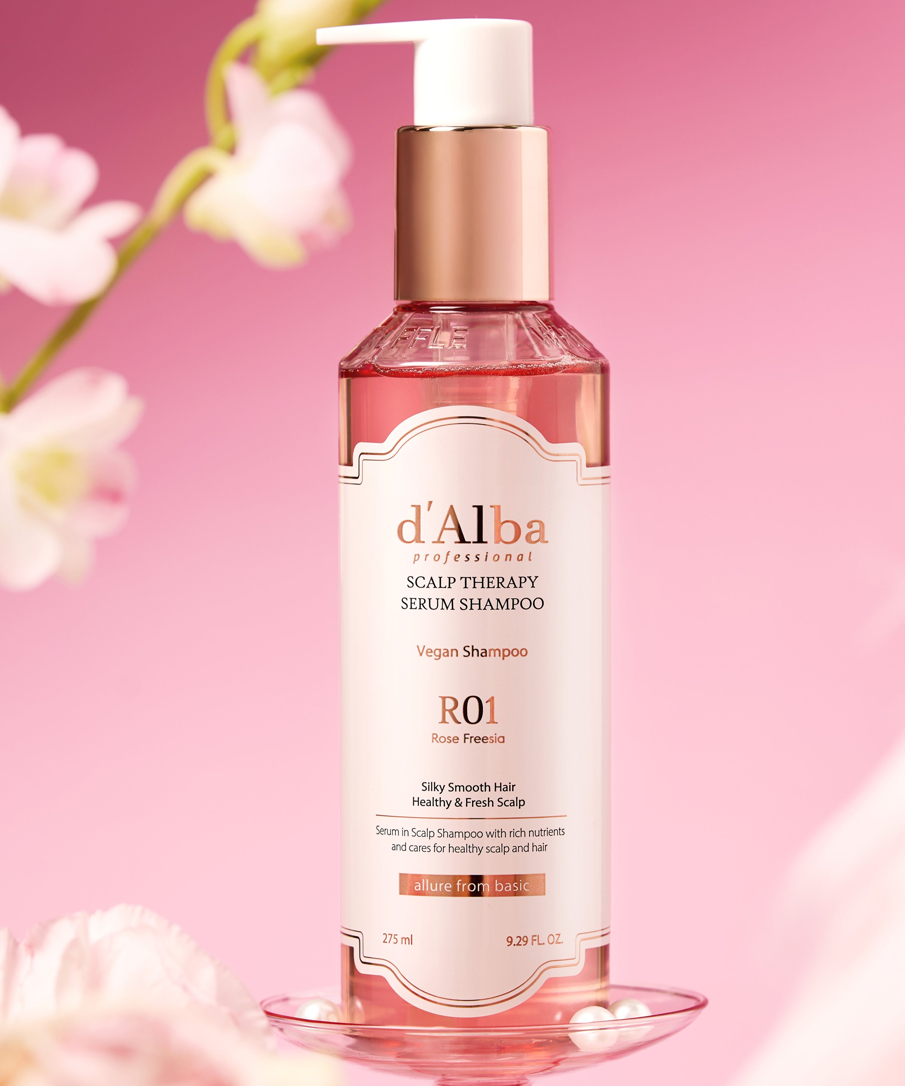 D'ALBA Professional Repairing Scalp Therapy Serum Shampoo Rose Freesia 275ml, soin capillaire parfumé rose et freesia.
