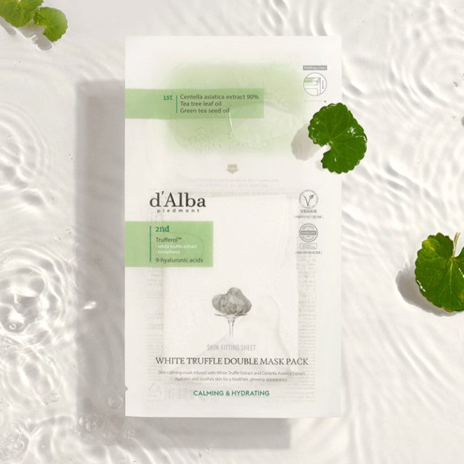 D'ALBA White Truffle Double Mask Pack [Calming/ Hydrating] (4 Sheets) marque d'Alba, emballage vert sur fond crème avec feuilles