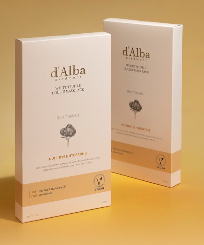D'ALBA White Truffle Double Mask Pack [Nutritive/ Hydrating] (4 Sheets) de la marque d'Alba, boîtes sur fond jaune.