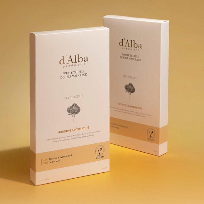 D'ALBA White Truffle Double Mask Pack [Nutritive/ Hydrating] (4 Sheets) de la marque d'Alba, boîtes sur fond jaune.