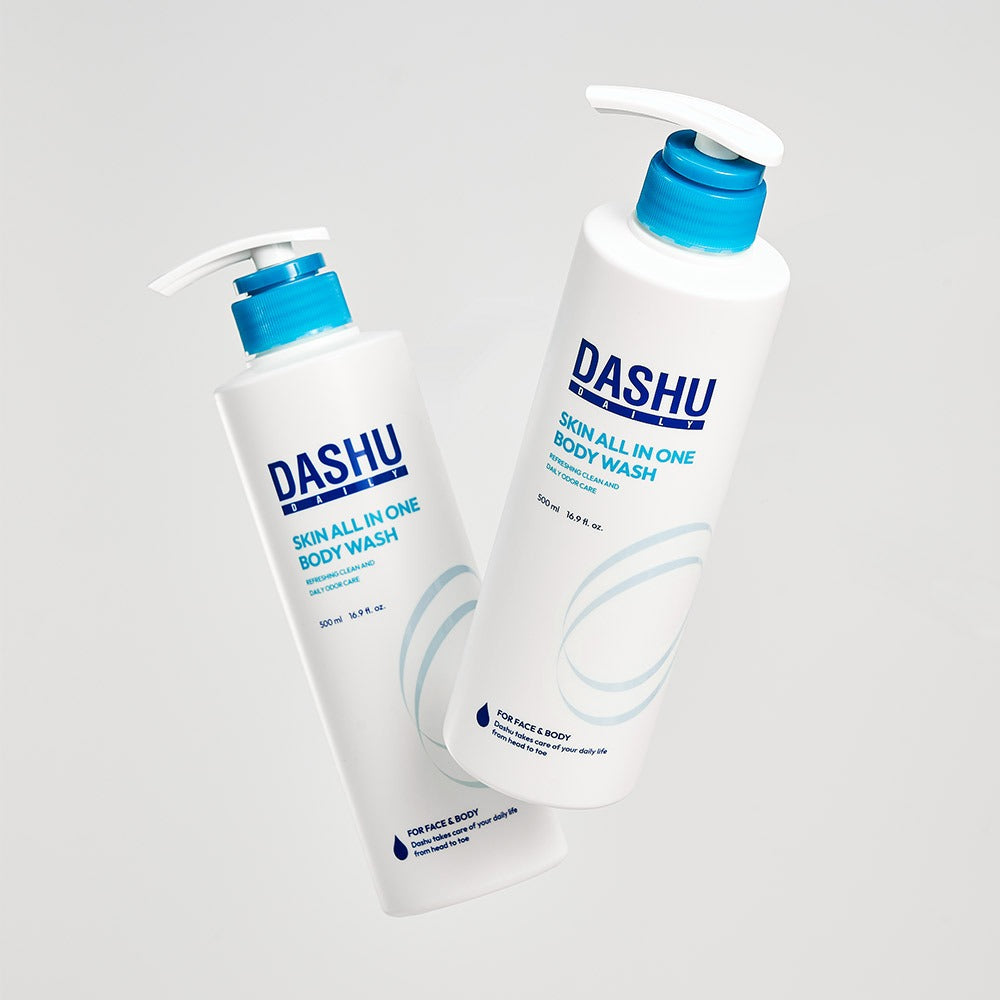 DASHU Daily Skin All-in-One Body Wash 500ml, deux flacons pompe sur fond blanc, marque DASHU, vue produit