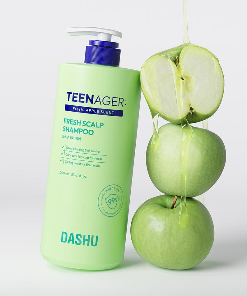 DASHU Daily Teenager Fresh Youth Scalp Care Shampoo 1000ml, flacon et pommes vertes fraîches. Nettoyage et fraîcheur quotidiens.
