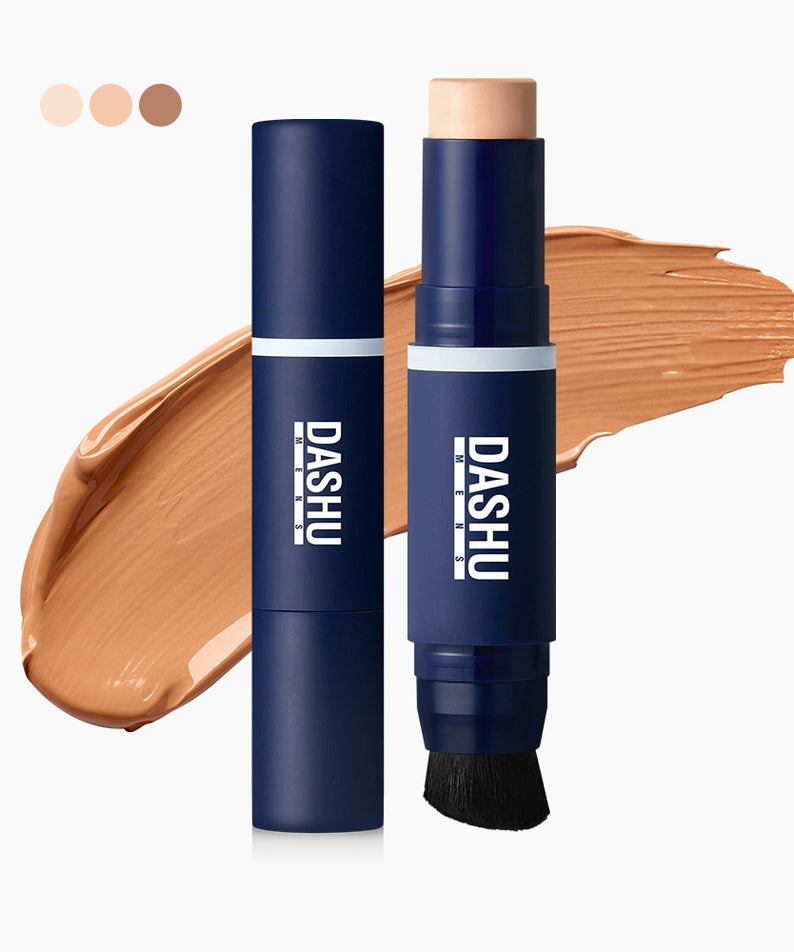DASHU Men's Multi-Cover Stick Foundation avec applicateur et fond de teint crème sur fond blanc.