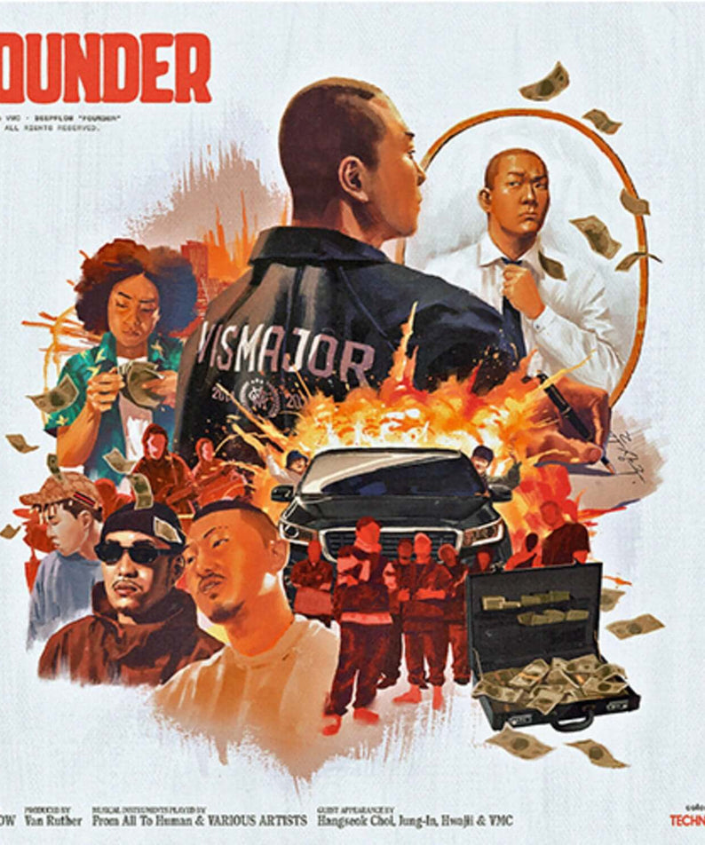 DEEPFLOW - 4th Album [FOUNDER] (Standard) - Album Kpop : cover visuelle avec groupe, voiture, cash, billets et explosions.