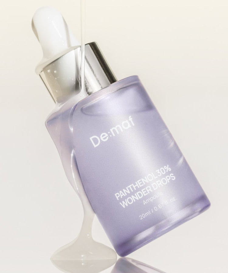 DE:MAF Panthenol 30% Wonder Drops 20ml, marque De:maf, flacon violet sur fond clair, gouttes de sérum panthénol