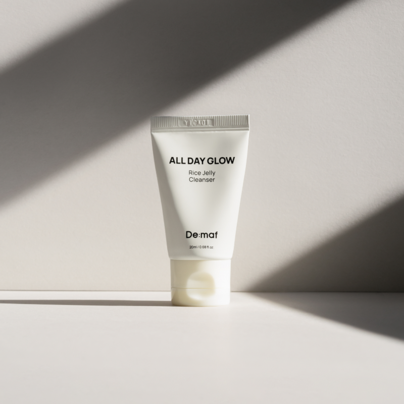 DE:MAF Rice Jelly Cleanser 20ml De:mat, tube crème sur fond clair minimaliste avec ombres, image produit.