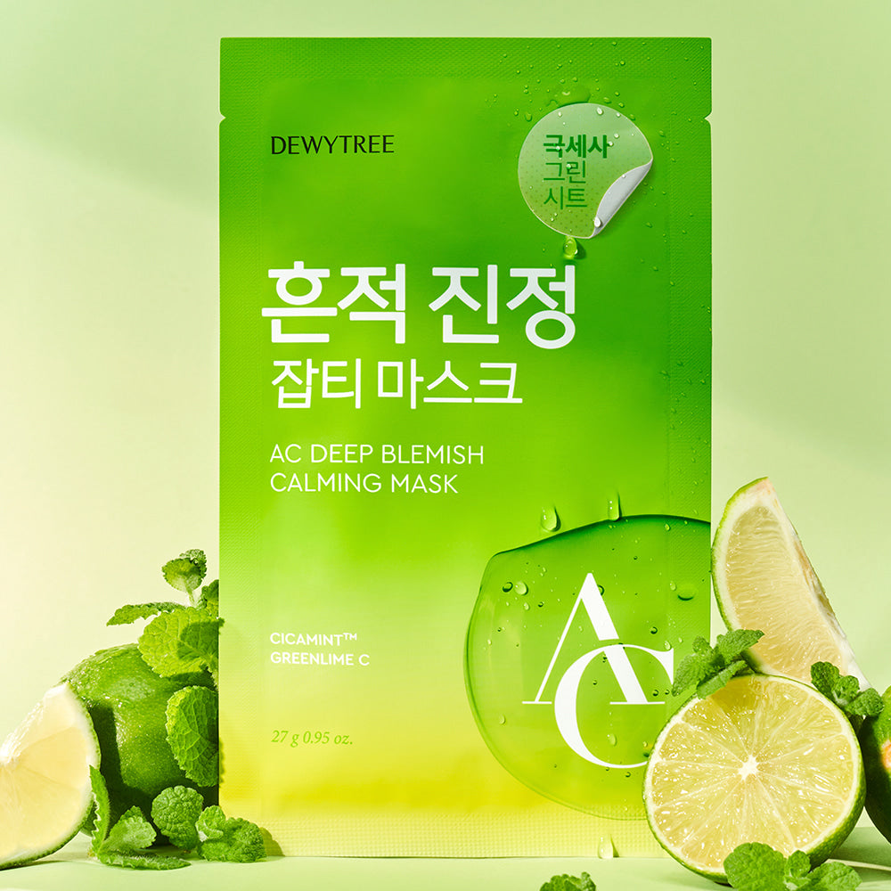DEWYTREE AC Deep Blemish Calming Mask 10 Sheets, masque en feuilles sur fond vert avec citron, feuilles et gouttes d’eau.