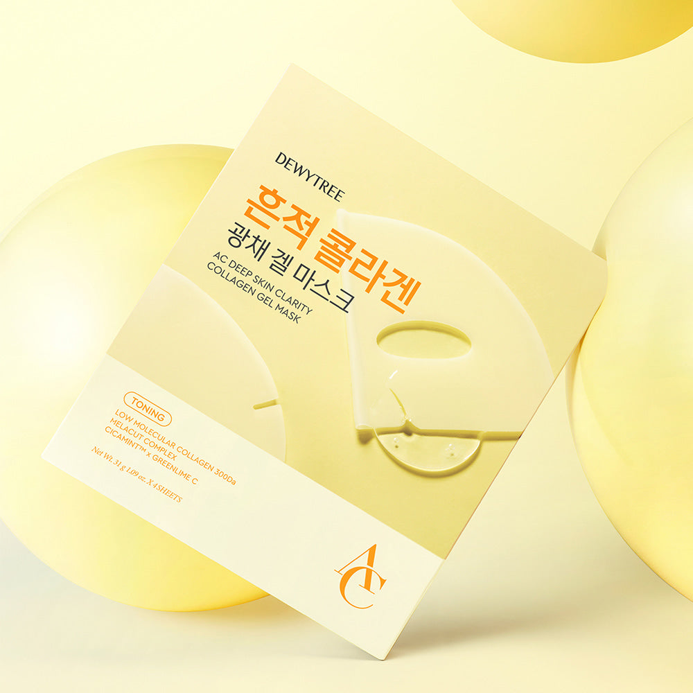 DEWYTREE AC Deep Skin Clarity Collagen Gel Mask 4 Sheets de DEWYTREE, masque en gel sur fond jaune lumineux