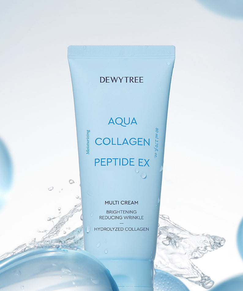 Crème DEWYTREE Aqua Collagen Peptide EX Multi 80ml devant un fond aquatique bleu.