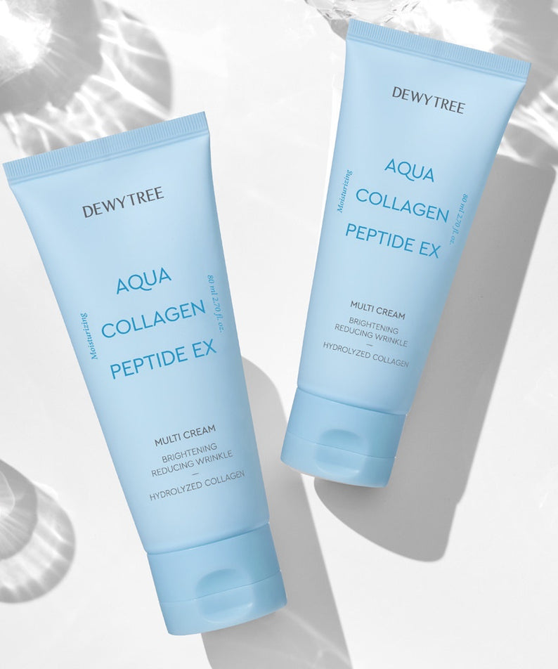 Deux tubes de DEWYTREE Aqua Collagen Peptide EX Multi Cream 80ml sur fond blanc lumineux, crème hydratante et anti-rides.