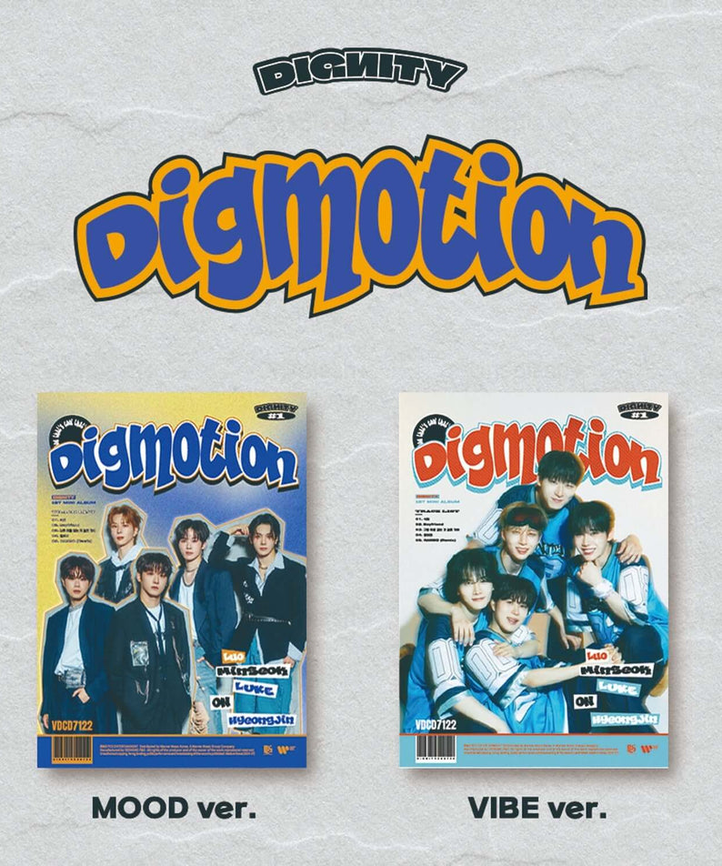 DIGNITY - 1st Album [DIGMOTION] (MOOD Ver., VIBE Ver.) (Random) - Album Kpop, cover avec deux versions sur fond clair.