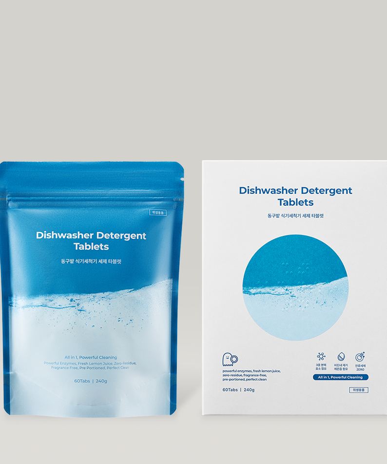 DONGGUBAT Dishwasher Detergent Tablets 60 240g, marque sur sachet et boîte, contexte cuisine, vue produit