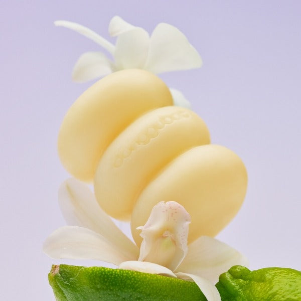 DONGGUBAT Eau De Toilette Object Parfum Bar Pure Neroli 150g : parfum bar sur feuilles et fleurs de néroli, fond lilas.