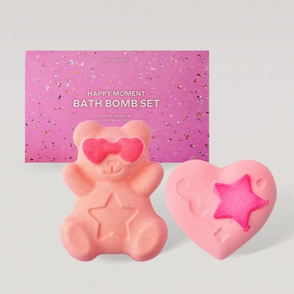 DONGGUBAT Happy Moment Bath Bomb Set 2 pieces, déco bain rose, coffret et 2 bombes en forme d’oursons et cœur, vue produit