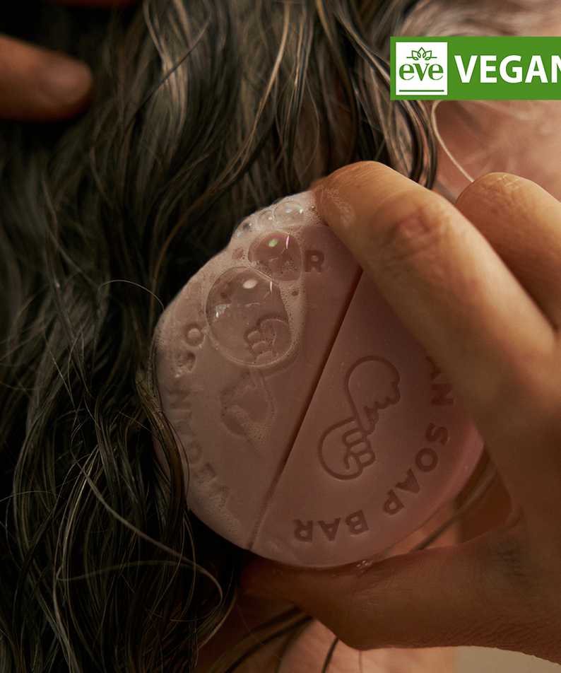 DONGGUBAT Vegan Shampoo Bar Dongbaek de la marque, barrette de shampooing tenant dans les mains, cheveux en arrière-plan.