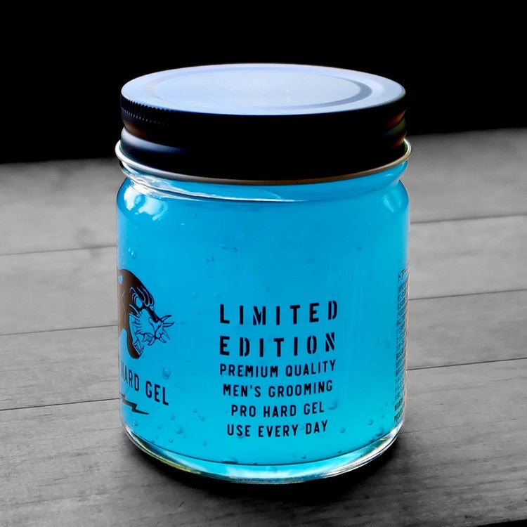 DOORS Hard Gel LTD 200g, pot de gel bleu en édition limitée sur fond bois, marque DOORS, éclairage studio