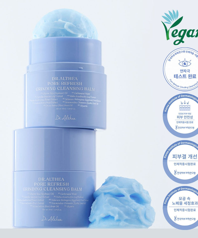DR.ALTHEA Pore Refresh Grinding Cleansing Balm 50ml avec texture bleu. Soin visage vegan pour purifier les pores. Pot de 50ml.
