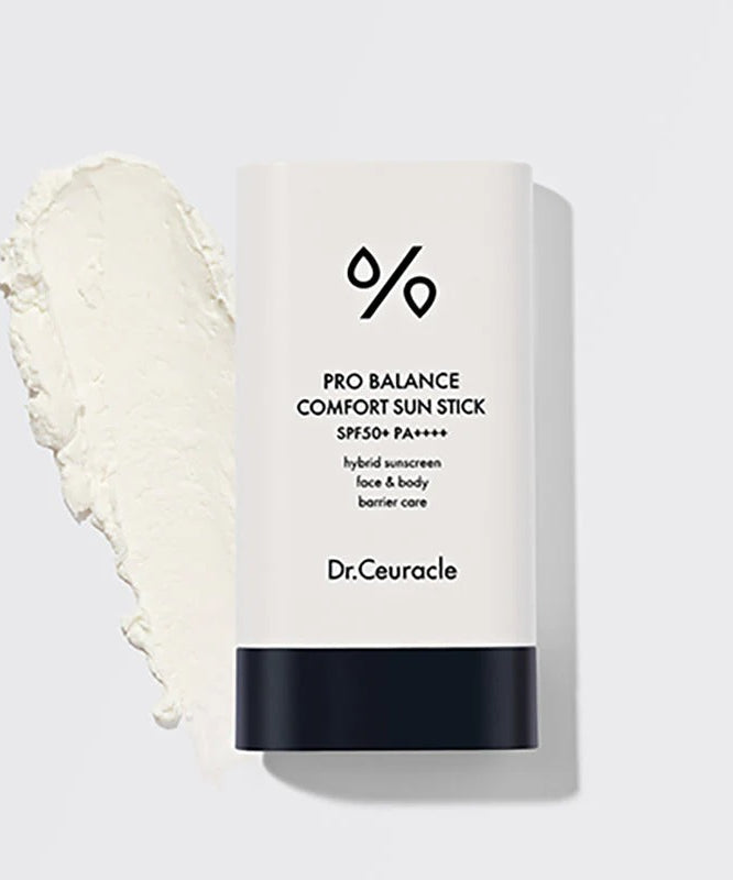 Bâton solaire DR.CEURACLE Pro Balance Comfort Sun Stick 18g avec texture crème légère, protection SPF50+ PA++++, soin visage et corps.