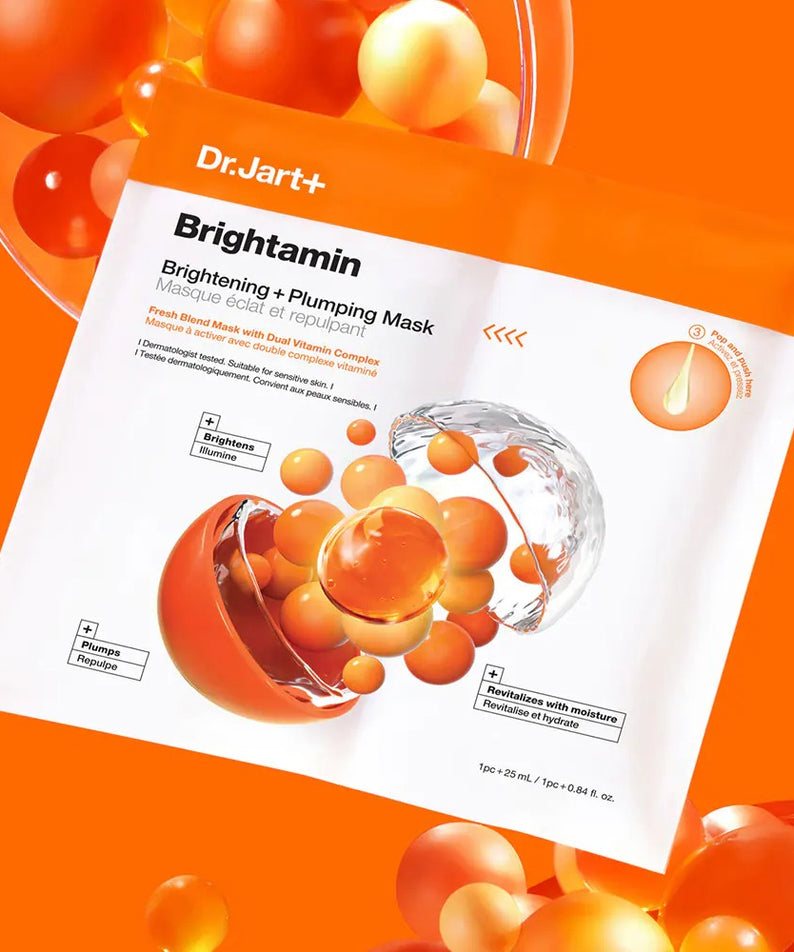 DR.JART+ Brightamine Brightening Plumping Mask 5 sheets sur fond orange vif avec bulles. Masque éclaircissant et repulpant.