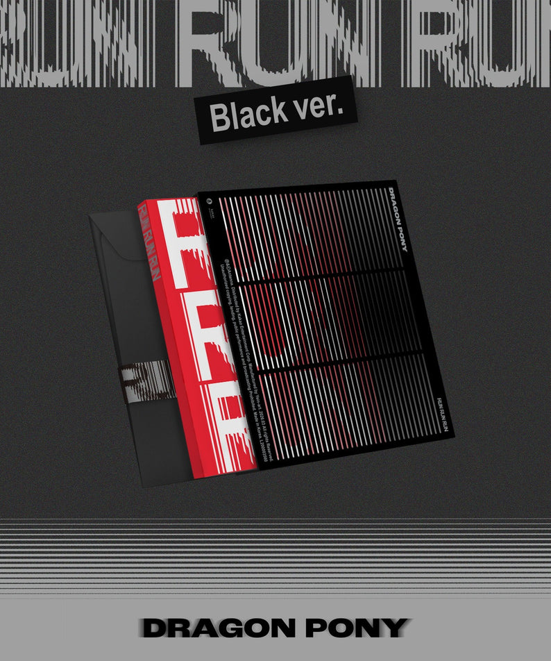 DRAGON PONY - [RUN RUN RUN] (BLACK VER.) - Album Kpop, visuel noir et rouge sur fond sombre, coffret produit DRAGON PONY