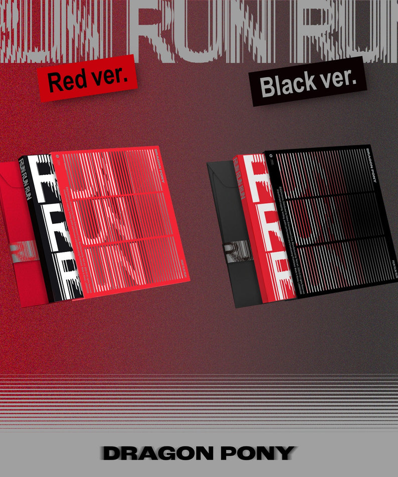 DRAGON PONY - [RUN RUN RUN] (SET VER.) - Album Kpop, coffret Red ver. et Black ver. sur fond graphique rouge/noir