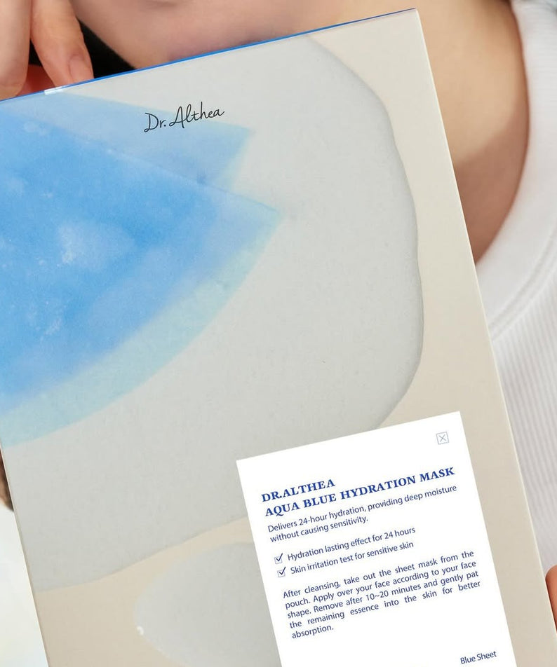 DR.ALTHEA Aqua Blue Hydrating Mask (4ea) de Dr.Althea, masque bleu hydratant présenté en pack, fond clair en lumière douce