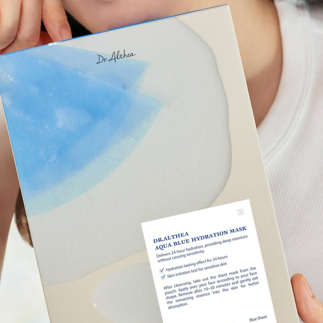 DR.ALTHEA Aqua Blue Hydrating Mask (4ea) de Dr.Althea, masque bleu hydratant présenté en pack, fond clair en lumière douce