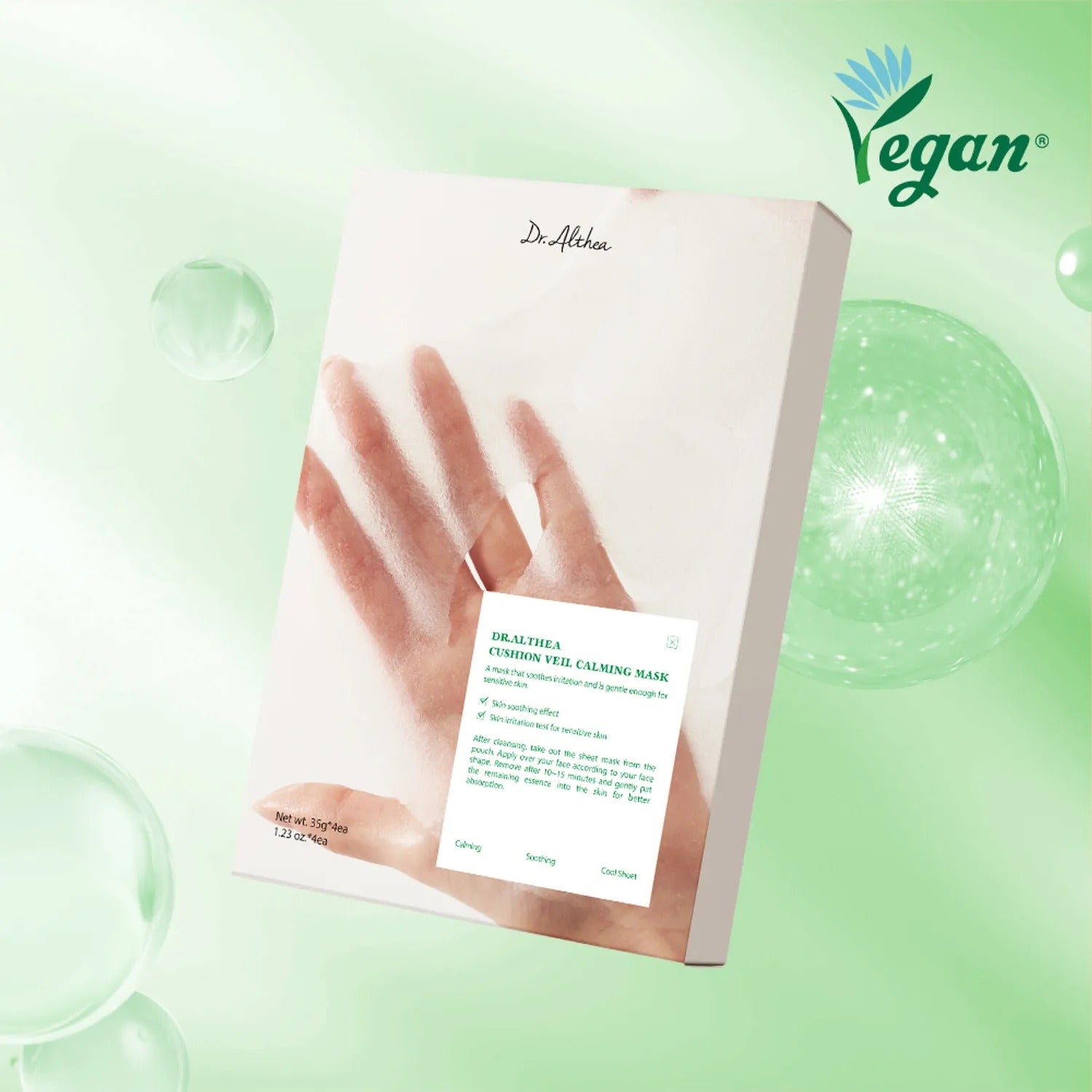 DR.ALTHEA Cushion Veil Calming Mask (4ea) de Dr.Althea, masque apaisant sur fond vert avec bulles visuelles