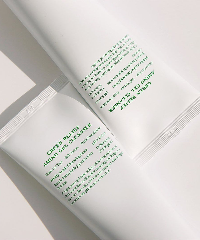 DR.ALTHEA Green Relief Amino Gel Cleanser 100ml en tubes blancs, formulé pour apaiser et nettoyer en douceur.