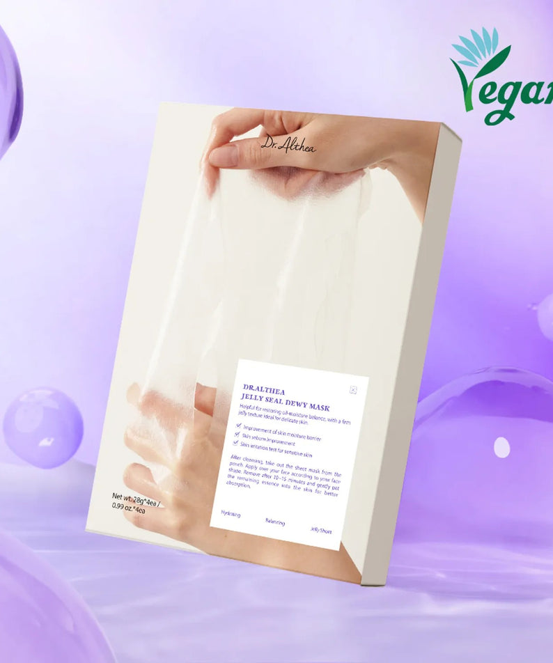 DR.ALTHEA Jelly Seal Dewy Mask (4ea) de Dr.Althea, emballage sur fond violet avec bulles, logo Vegan