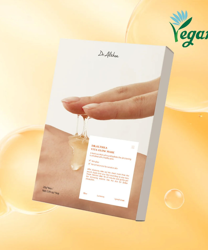 DR.ALTHEA Vita glow Mask (4ea) de Dr.Althea, masque visage en main sur fond jaune lumineux, photo produit