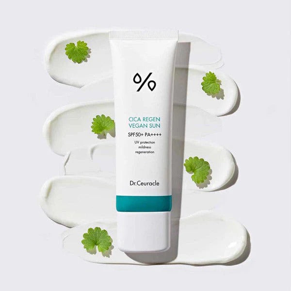 DR.CEURACLE Cica Regen Vegan Sun SPF50+PA++++ 50ml, tube crème solaire vegan, marque Dr.Ceuracle, fond blanc, touches lierre vert